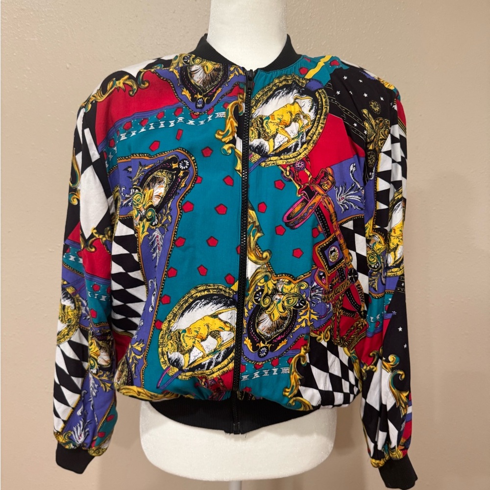 Vintage-Inspired Multicolor Bomber Jacket - Teal, Red & Black
